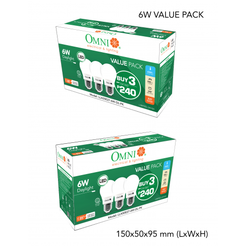OMNI by DIY Hardware LED Lite A50 Bulb E27 Base 6 Watts (Daylight) - LLA50E27-6W-DL 3 Pack