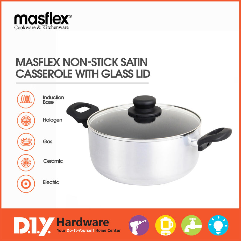 Masflex 20cm Aluminum Satin Series Non Stick Induction Casserole With Glass LID BB-20CS - DIYH ONLINE EXCLUSIVE