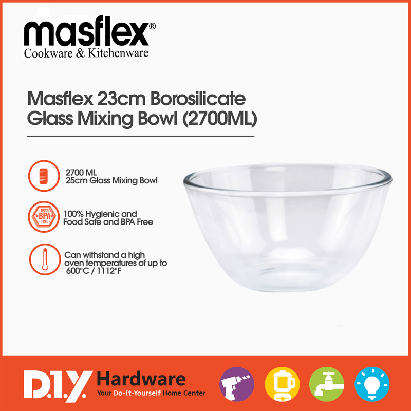 Masflex 23cm Borosilicate Glass Mixing Bowl (2700ml) FE-23 - DIYH ONLINE EXCLUSIVE