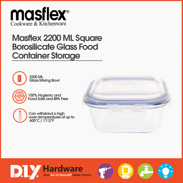 Masflex 2200 ml Square Borosilicate Glass Food Container Storage FE-2200 - DIYH ONLINE EXCLUSIVE