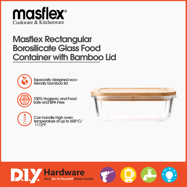 Masflex Rectangular Borosilicate Glass Food Container With Bamboo Lid FE-113 - DIYH ONLINE EXCLUSIVE