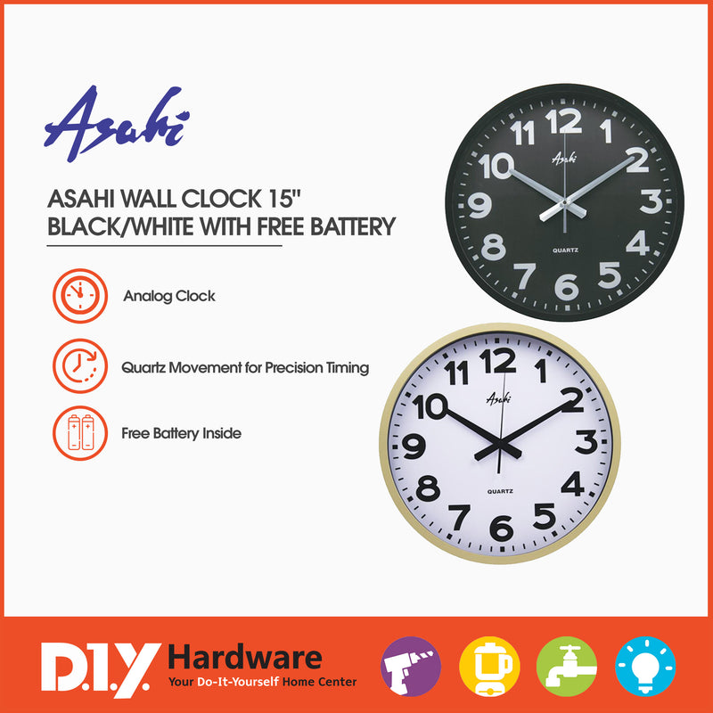 Asahi by DIY Hardware Wall Clock 15" White Hc1015B Bas